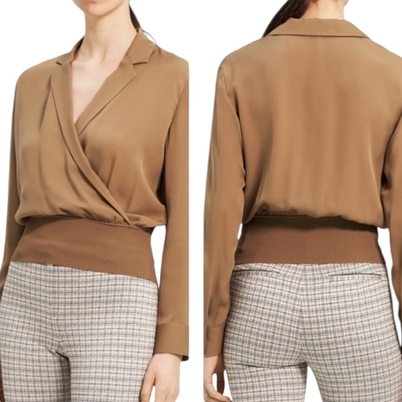 Theory Womens Large Truffle Brown Faux Wrap Front V Neck Notched Collar Silk Top - Picture 2 of 13